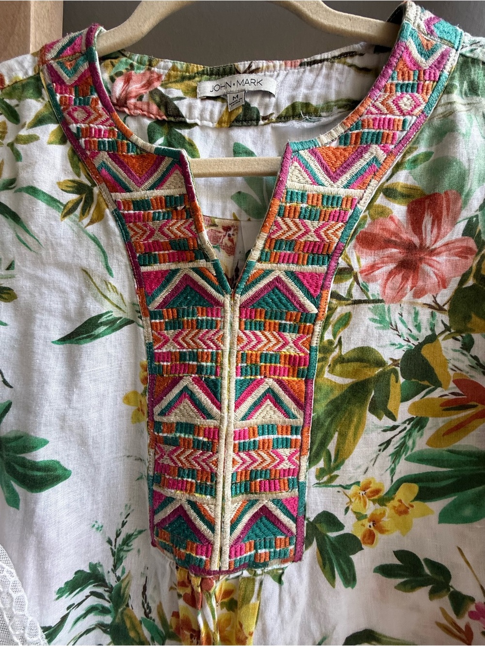John Mark White Floral Maxi Dress with Pink, Teal & Orange Embroidered Yoke